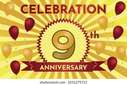 Celebration 9th Anniversary - Gold and Ruby Layout with Party Balloons. Circular Zig Zag Seal with Ribbon on Radial Background. Rectangle Shape.