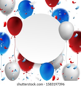 Celebration abstract background with confetti and balloons, colors of USA flag. Vector design