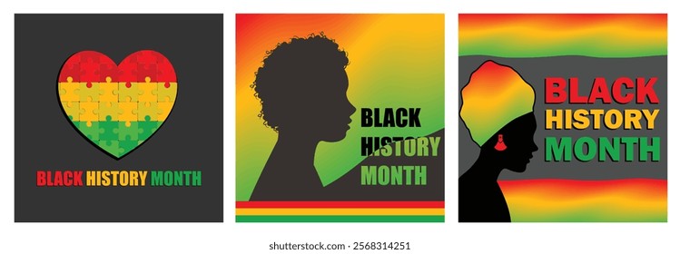 Celebration of African American heritage. Human silhouette on Pan-African flag colors background.Black history month celebration. Black History Month concept. Set flat vector illustration.