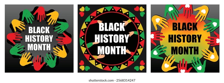 Celebration of African American History Month. Human hands in a circle with the words Black History Month. Equality of human rights. Black History Month concept. Set flat vector illustration.