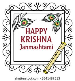 Celebration art showcases 'Happy Krishna Janmashtami' inside an ornate square frame decorated with peacock feathers and a golden flute, set against a clean, transparent background.