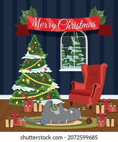 Celebration atmosphere. The cat lies on the carpet and sleeps under the christmas tree. Present. Winter. Christmas and New Year. Holiday. Flat style. 2022. Nice postcard. Pet. Vector Illustration