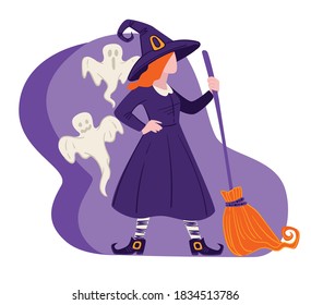 Celebration of autumn holiday, halloween costume party outfit. Woman dressed as witch in boots and hat holding broom. Flying ghosts with wizard, sorceress in haunted house. Vector in flat style