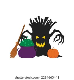 Celebration of autumn holiday, halloween party elements. Tree, broom, pumpkin and pot potion