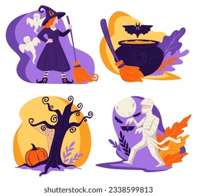 Celebration of autumn holiday, halloween party characters and costumes. Witch and mummy, ghosts and cauldron with potion and flying bat. Dry tree with pumpkin and leaves. Vector in flat style