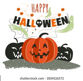 Celebration of autumn holiday in october, autumn seasonal event. Happy halloween greeting poster with jack o lanterns, carved faces and decorative text. Smiling pumpkins vector in flat style