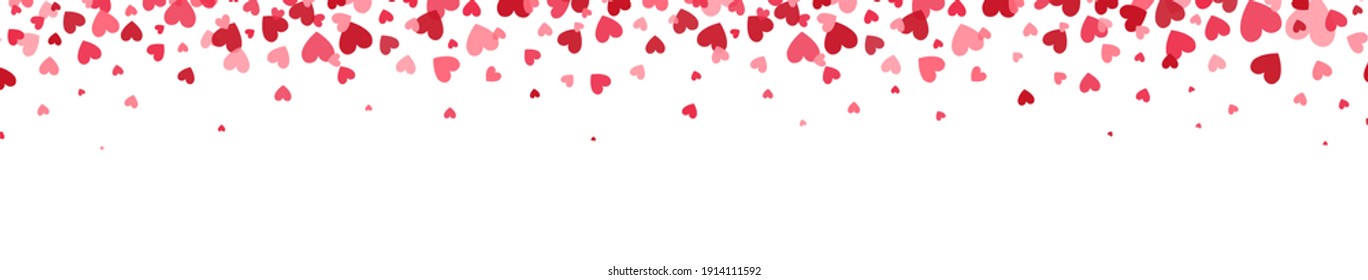 Celebration backdrop with heart confetti. Bright hearts confetti falling on white background. Valentines Day design elements for greeting cards, wedding invitation, gift packages. Vector illustration.