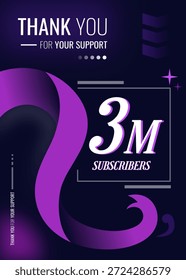 Celebración Antecedentes 3 MILLONES de Suscriptores agradecen su logro. Diseño de fondo púrpura. 3 M antecedentes para el logro. antecedentes de Vertical para las redes sociales y otros.