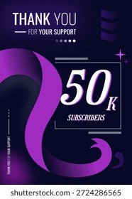 Celebración Antecedentes 50 MIL Suscriptores agradecen sus logros. Diseño de fondo púrpura. 50 k antecedentes para el logro. antecedentes de Vertical para las redes sociales y otros.