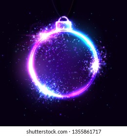 Celebration background. Abstract technology electric laser frame. Circle shape neon signage with light flashes explosion effect particles. Bright glowing vector illustration for Christmas cards design