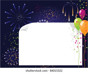 Celebration background balloons, confetti, fireworks and space for your message.