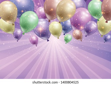 Celebration background with balloons and confetti on starburst design