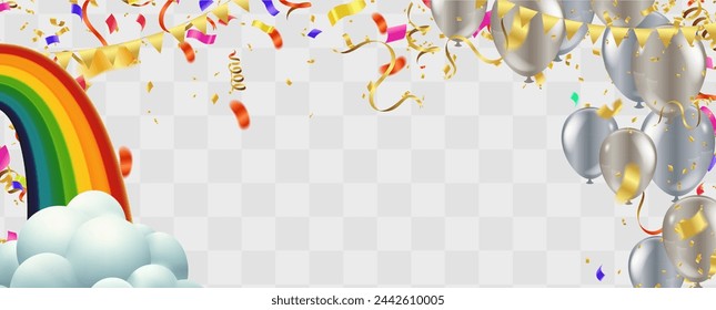 Celebration background with balloons, confetti and rainbow. Vector illustration.