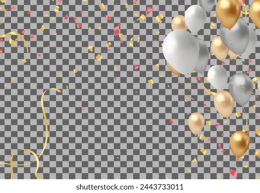 Celebration background with balloons, confetti and ribbons. Vector illustration.