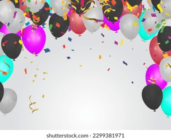 Celebration background with balloons and confetti. Vector illustration.
