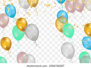 Celebration background with balloons and confetti. Vector illustration.