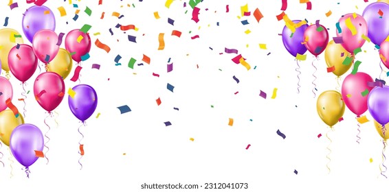 Celebration background with balloons and confetti. Vector illustration.