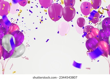 Fondo de la celebración con globos y confeti. Ilustración vectorial.