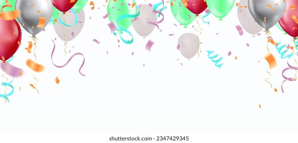 Fondo de la celebración con globos y confeti. Ilustración vectorial.