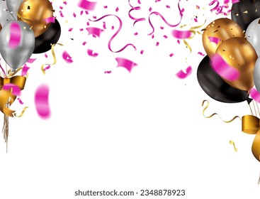 Celebration background with balloons and confetti. Vector illustration.