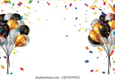 Fondo de la celebración con globos y confeti. Ilustración vectorial.