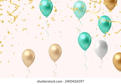 Fondo de la celebración con globos y confeti. Ilustración vectorial.