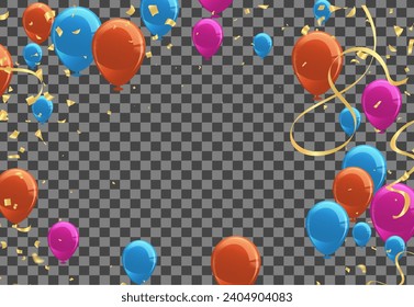 Fondo de la celebración con globos y confeti. Ilustración vectorial.