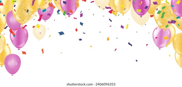 Celebration background with balloons and confetti. Vector illustration.
