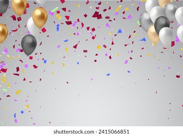 Fondo de la celebración con globos y confeti. Ilustración vectorial.
