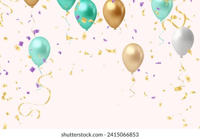 Celebration background with balloons and confetti. Vector illustration.