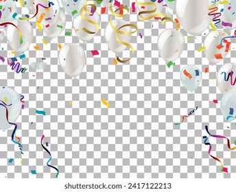 Fondo de la celebración con globos y confeti. Ilustración vectorial.