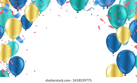 Fondo de la celebración con globos y confeti. Ilustración vectorial.