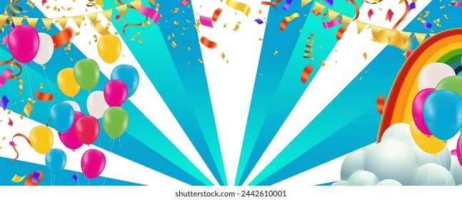 Fondo de celebración con globos y confeti. Ilustración vectorial.