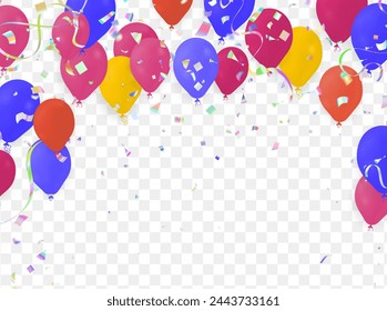 Fondo de celebración con globos y confeti. Ilustración vectorial.