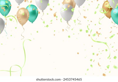 Fondo de celebración con globos y confeti. Ilustración vectorial.