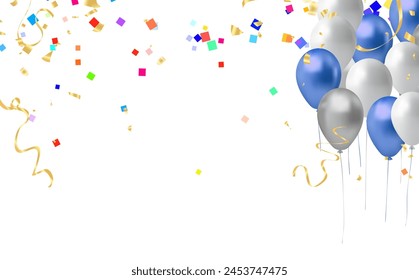 Fondo de celebración con globos y confeti. Ilustración vectorial.
