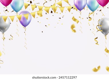 Fondo de celebración con globos y confeti. Ilustración vectorial.