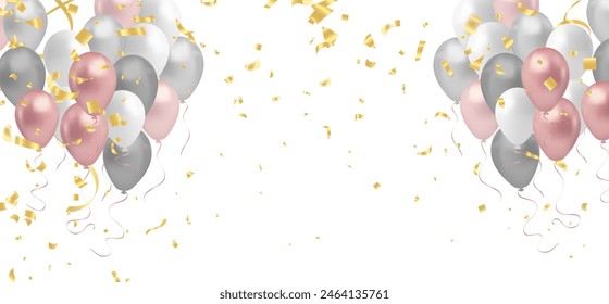 Celebration background with balloons and confetti. Vector illustration.