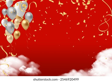 Celebration background with balloons and confetti. Vector illustration.