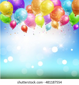 Celebration background of balloons and confetti. Vector illustration. 