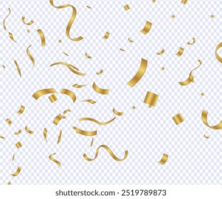 Fundo de celebração com bonito confete dourado, Vetor confete Png. Cinzel dourado, confetes caem do céu em um fundo transparente. Confete brilhante Png. Feriado, aniversário.