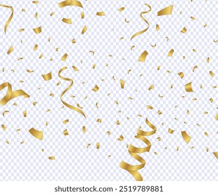 Celebration background with beautiful golden confetti, Vector confetti Png. Golden tinsel, confetti fall from the sky on a transparent background. Shiny confetti Png. Holiday, birthday.