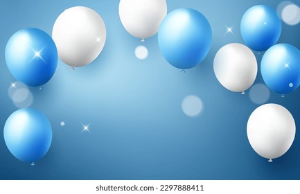 Celebration background with beautifully arranged blue and white balloons. Design3DVector Illustration