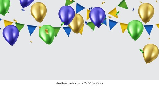 Celebration background with beautifully arranged blue, gold and green balloons. Vector 3D illustration design