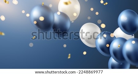Celebration background with beautifully arranged blue and white balloons. Design3DVector Illustration