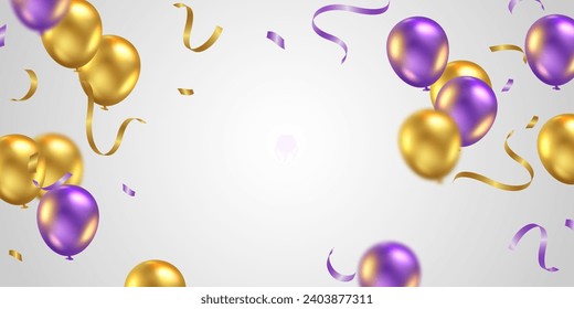Celebration background with beautifully arranged purple balloons. Vector 3D illustration design