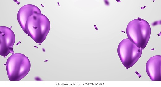 Celebration background with beautifully arranged purple balloons. Vector 3D illustration design