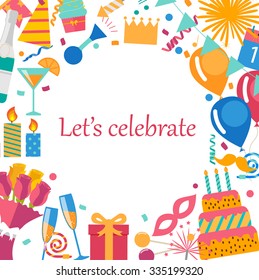 Celebration background with birthday cake, hat, fireworks, sweets, party blowouts, candles, gift box and bow, garlands, balloons, music notes, vector illustration