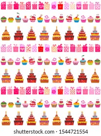 Celebration background with Birthday gift boxes, Cake, cupcakes. Seamless pattern. Isolated on white background. Vector 
