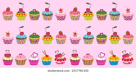 Fundo de celebração com caixas de presente de aniversário, Bolo, cupcakes. Padrão contínuo. Ilustração para designs de férias, festa, aniversário, convite de casamento.  Isolado no fundo branco. Banner da Web. 